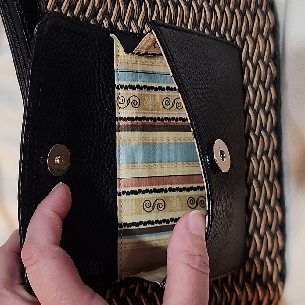 BRIGHTON Edna Black & Tan Woven Handbag with Black Leather Trim - Picture 3 of 12